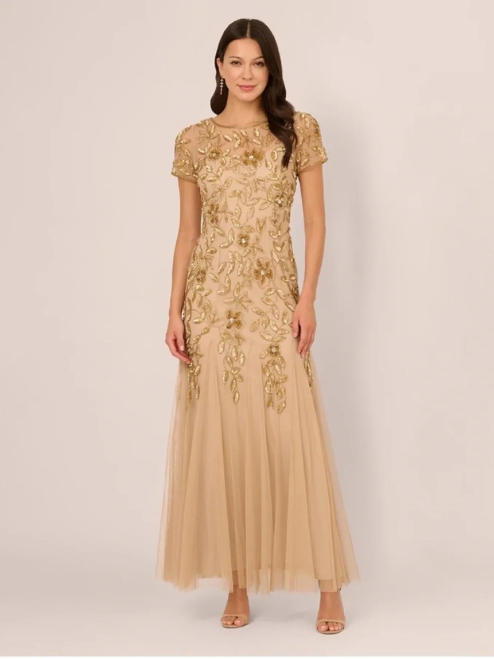 Adrianna Papell Gold Beaded Sequin Mesh Tulle Maxi Gown Dress NWT SZ 6 GALA MOB - Picture 2 of 10